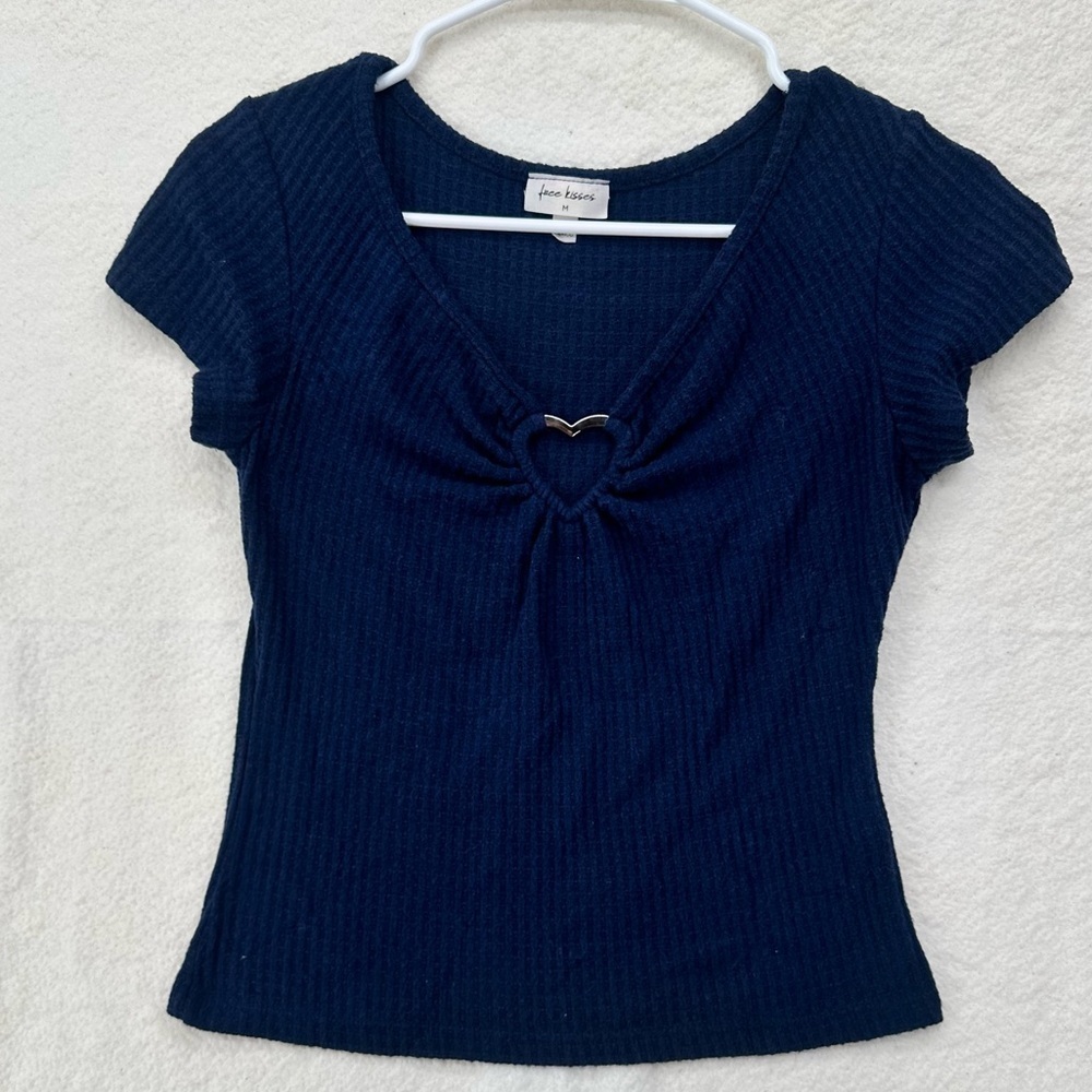 Free Kisses Navy Ribbed Short Sleeve Heart Ring Top